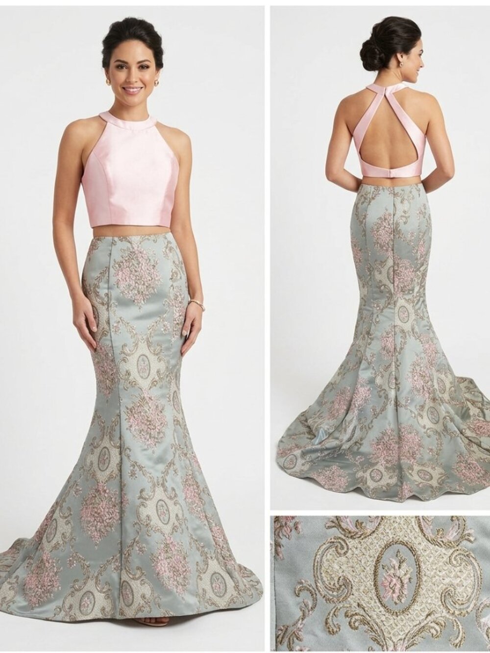 Alyce PARIS 2 PIECES FLORAL EMBROIDERED BROCADE HIGH RISE SKIRT HALTER TOP DRESS